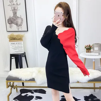 Preppy štýl 2020 jeseň kórejský módne dámy temperament tenké a elegantné atmosféru panelled tvaru tenký, univerzálny pletené šaty