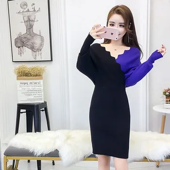 Preppy štýl 2020 jeseň kórejský módne dámy temperament tenké a elegantné atmosféru panelled tvaru tenký, univerzálny pletené šaty