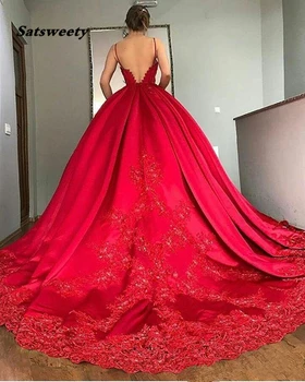 Červená plesové Šaty, Večerné Šaty s Špagety V Krku Súd Vlak Čipky Appliques Beadeds Flitrami Sexy Plus Veľkosť Strany Prom Šaty