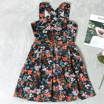 Žena, Nové 2017 Vintage Kvetinový Vytlačené Mini Šaty s uväzovaním za Krk bez Rukávov Crossover Široké Popruhy Späť na Zips