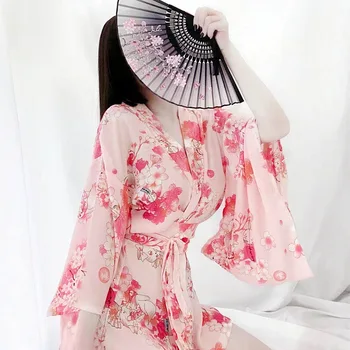 GAMPORL Ružovú Sexy Pyžamo Sex vyhovovali Ženy Roztomilý Šifón Japonský Vytlačené Kimono Oblečenie Cosplay Kimono Kostým pre Dospelých Erotické Oblečenie