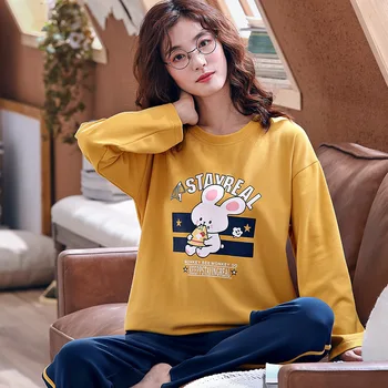 Zimné Pyžamo dámske Jarné a Jesenné Dlhým rukávom, Bavlna kórejský Roztomilý Študent Cartoon Oblek Možno Nosiť Mimo