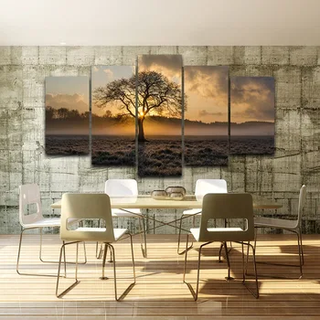 5 KS Abstraktnej Maľbe Retro Wall Art HD Obraz, Plagát Sunrise Strom Krajiny Foto Obývacia Izba Domáce Dekorácie Bez Rámu