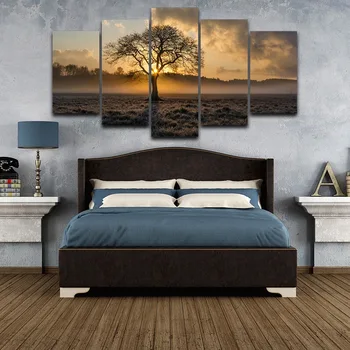 5 KS Abstraktnej Maľbe Retro Wall Art HD Obraz, Plagát Sunrise Strom Krajiny Foto Obývacia Izba Domáce Dekorácie Bez Rámu