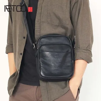 AETOO pánske kožené taška cez rameno kožené malá taška cez rameno módne jednoduché kórejská verzia crossbody taška dvojité zips lea