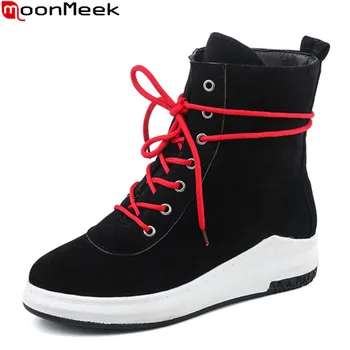 MoonMeek 2020 zime udržať v teple čižmy komfortné ploché päty kolo prst šnurovacie členkové topánky black red členková obuv ženy