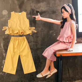 Bez rukávov nastaví vek pre 3 -12 rokov, baby, dievčatá čínsky štýl bavlna 2pc nastaviť t-tričko+nohavice letné deti jednoduché prehrabať školské oblečenie