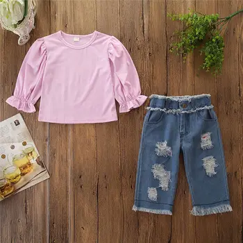 Deti Baby Girl Šaty svietidla Rukáv Pevné Farba Top + otvor Džínsové nohavice, Oblečenie, Oblečenie na Jar Jeseň 2ks Dievčatá Oblečenie Set sa