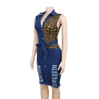 Letné Nové Šaty Žien Jediný Breasted Bez Rukávov V Krku Koleno Dĺžke Šaty Módne Leopard Patchwork Otvor Roztrhlo Džínsové Šaty