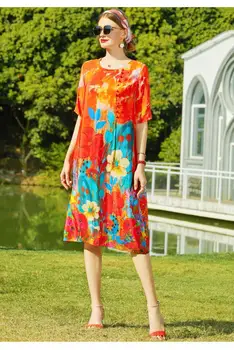 2021 Nové Letné Ženy Móda Príležitostné O-Krku Streetwear Šaty Lady Hodváb Kvetinový Tlač Šaty Elegantné Voľné Polovici dlho Vestidos B28