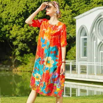 2021 Nové Letné Ženy Móda Príležitostné O-Krku Streetwear Šaty Lady Hodváb Kvetinový Tlač Šaty Elegantné Voľné Polovici dlho Vestidos B28
