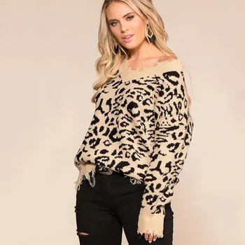 QUEVOON Módne Pletené Ženy Pulóvre Zviera Tlače tvaru Plus Veľkosť Svetre s Dlhým Rukávom 2019 Jeseň Leopard Prepojky pre Ženy
