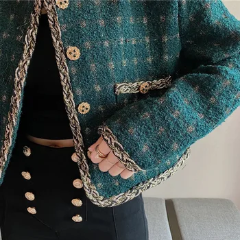 Kabát Ženy Dlhý Rukáv Kórejský Vlnené Koberčeky Outwear Plodín Top Ročník Patria Luxusné Vreckový Singel Svojim Tlačidlo Tweed Bunda