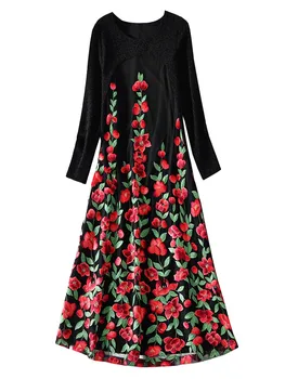 High-End Jeseň Vintage Štýl, Výšivky, Kvetinové Deväť Štvrťroku Rukávom Šaty Elegantné Slim Lady Party Šaty M-4XL