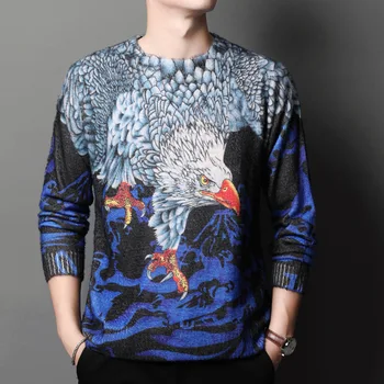 Čínsky drak zlatá tlač módny trend pulóver pletený sveter Jeseň roku 2018 kvalitnej bavlny mäkké elastický sveter mužov Tmavo Modrá