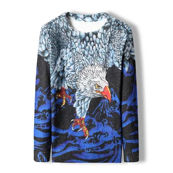 Čínsky drak zlatá tlač módny trend pulóver pletený sveter Jeseň roku 2018 kvalitnej bavlny mäkké elastický sveter mužov Tmavo Modrá
