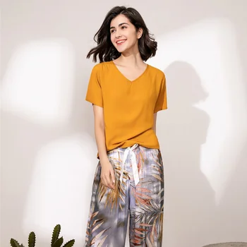 2020 Nové Pyžamo Nastaviť Ženy Voľné Pyžamo Krátke Rukávy + Dlhé Nohavice Letné Sleepwear Bavlna Lady Voľný Čas Tlače Domáce Oblečenie