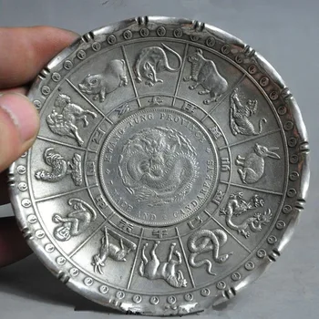 čínsky fengshui tibete striebro 12 zverokruhu zvierat dragon zviera socha mince Doska Rodina na Vianoce ornament.