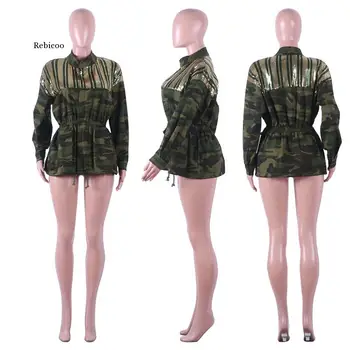 Ženy, Vojenské Bundy Zimné Zips Vrecká Bundy Bombardér Sequined Kamufláž Outwear Coats Topy