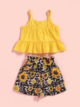 Dieťa Dievča Oblečenie 12 18 Mesiacov Batoľa Dievčatá Pevné Žltá Vesta Bez Rukávov Top Leopard Slnečnice Krátke Nohavice Dievčatá Oblečenie Set