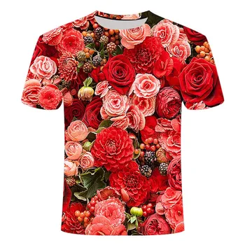 Ruže Kvet 3D Tlač T-shirt Hip Hop Móda Voľné Krátky Rukáv Anime Burín Top Harajuku Mužov