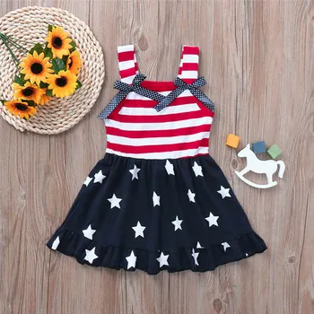 Batoľa Detský Baby Girl Dress Vlajka Hviezdy Prekladané Sundress Leto Bez Rukávov Plážové Šaty