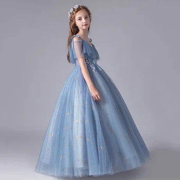 Elegantné Šaty pre Dievčatá Svadobné Šaty Sequin Modrá Deti Vysoký Pás V-neck Letné Šaty 2020 plesové Šaty, Tylu Kvetina Dievča Šaty