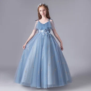 Elegantné Šaty pre Dievčatá Svadobné Šaty Sequin Modrá Deti Vysoký Pás V-neck Letné Šaty 2020 plesové Šaty, Tylu Kvetina Dievča Šaty