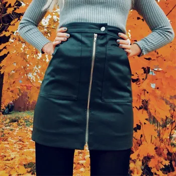 Bazaleas 2019 Jeseň zima Sexy Umelej kože sukne s vysokým pásom čierne Krátke Sukne, elegantné vrecká na zips, ženy sukne Bežné