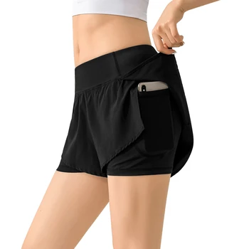 2020 Ženy Telocvični Dvojité šortky bočné vrecko beží šortky priedušný rýchloschnúci jogy ženy šortky cvičenie, fitness sportwear