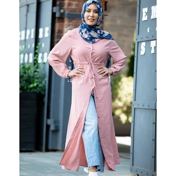 Mandylandy Ženy Moslimské Oblečenie Klope Úplné Tlačidlo Slim-Fit Abaya Bežné Plus Veľkosť Čistého Dlhý Rukáv Vysoký Pás Arabských Župan