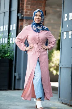Mandylandy Ženy Moslimské Oblečenie Klope Úplné Tlačidlo Slim-Fit Abaya Bežné Plus Veľkosť Čistého Dlhý Rukáv Vysoký Pás Arabských Župan