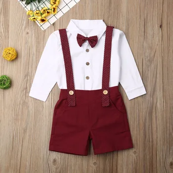 Novonarodené Deti Baby Boy Gentleman Dlhý Rukáv Biele Tričko Oblečenie Sady + Náprsníkové Nohavice Strana Formálne Oblečenie Chlapčenské Oblečenie Set 2ks
