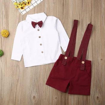 Novonarodené Deti Baby Boy Gentleman Dlhý Rukáv Biele Tričko Oblečenie Sady + Náprsníkové Nohavice Strana Formálne Oblečenie Chlapčenské Oblečenie Set 2ks