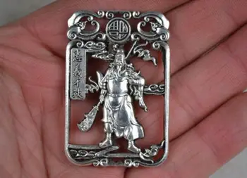 Staré Zberateľskú Dekorácie Miao Striebro Rezbárstvo Guan Gong Socha Prívesok / Amulet