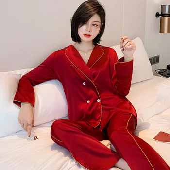 Nové Módne Západný Štýl Žien Hodváb Saténové Pyžamo Vyhovuje 2ks Jar Leto Sexy, Elegantné oblečenie pre voľný čas Pure Color Pj Nastavenie Feminino