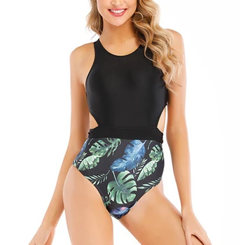 Rastlina Tlač Vysokej WaistebSwimsuit Jednodielne Plavky Ženy Zips Monokiny Obväz Plavky Vintage Plavky Vystrihnúť Plavky