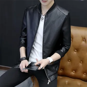 Pánske bežné kožená bunda Jeseň/Zima kórejský slim motocykel štýl PU kožené sako pánske baseballové golier jednoduché bunda
