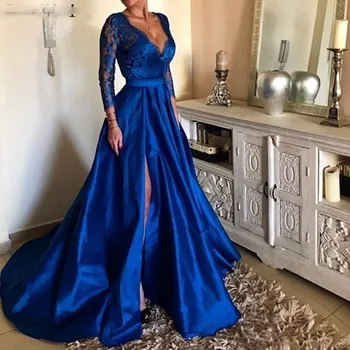 2020 Kráľovská Modrá Plus Veľkosť Prom Šaty, Sexy V Krku Čipky Appliques Dlhý Rukáv Predné Split Formálne Večerné Šaty Party Šaty