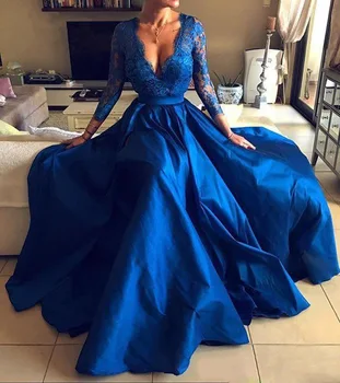2020 Kráľovská Modrá Plus Veľkosť Prom Šaty, Sexy V Krku Čipky Appliques Dlhý Rukáv Predné Split Formálne Večerné Šaty Party Šaty