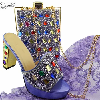 Elegantné fialové s farebnými kamienkami vysokom podpätku topánky a kabelku taška sada pre svadbu/strana MD002 výška podpätku 9 cm