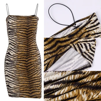 Giyu Sexy Tiger Stripe Leopard Tlač Šaty Žien 2020 Lete Špagety Popruh Mimo Ramenný Bodycon Klub Party Šaty Mini Župan