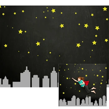 Nočnej Oblohe Hviezdy Superhrdina Strán Fotografie Kulisu Mesta Vytlačené Budov Deti Deti, Dievčatá Cartoon Fotografiu Strieľať Na Pozadí