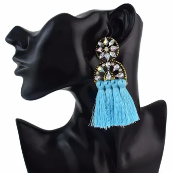 Bohemian Crystal Kvet Veľký Prívesok Lemovaný Náušnice Pre Ženy, Etnické Bavlnenej Nite Visiace Náušnice Kvapka Vyhlásenie Šperky