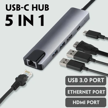 5 v 1 HUB Adaptér Hliníkovej Zliatiny USB Hub 4K 30HZ HD USB 3.0 Adaptér Prenosný Notebook PD Plnenie RJ45