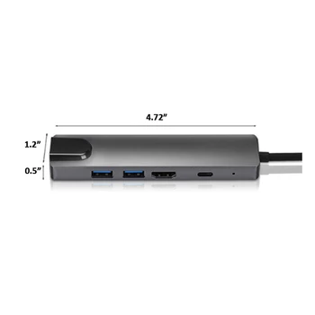 5 v 1 HUB Adaptér Hliníkovej Zliatiny USB Hub 4K 30HZ HD USB 3.0 Adaptér Prenosný Notebook PD Plnenie RJ45
