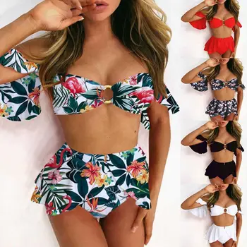 Ženy Sexy Dve Kus Bikini Set Odnímateľný Volánikmi Mimo Ramenný Push Up O-Krúžok Plavky Farbou Tropické Kvetinový Vysoký Pás B