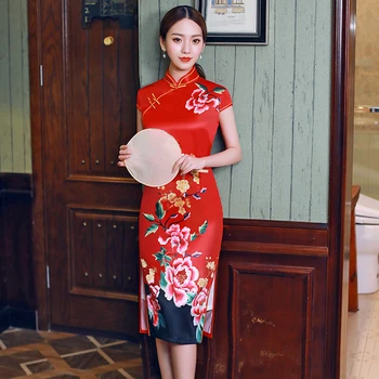 2019 Koleno Dĺžke Cheongsam Tradičný Čínsky štýl, Krátky Rukáv Šaty Dámske Letné Rayon Qipao Slim Party Šaty Vestido
