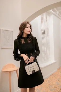 EDGLulu čipky šaty bielej na čiernu kórejský dlhý rukáv jar dráhy mini žena vďaka 2019 vysokej kvality šifón šaty
