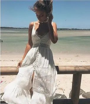 Biela Vestidos Letné Módy Sexy Ženy Popruh V Krku Háčkované Čipky Pás Skater Šaty Bežné pláži Boho Dlho Maxi Šaty